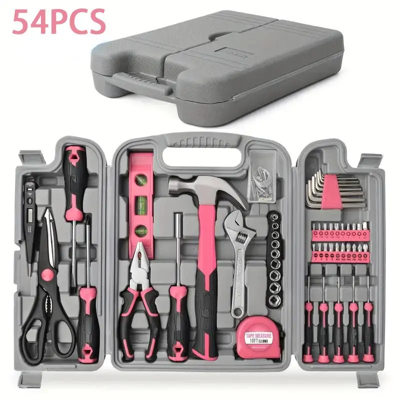 24/54 Piece Pink Household Tool Box Set - Alloy and Plastic, Allen Keys, Screwdrivers, Pliers, General Household Repair Kit, Combination Set