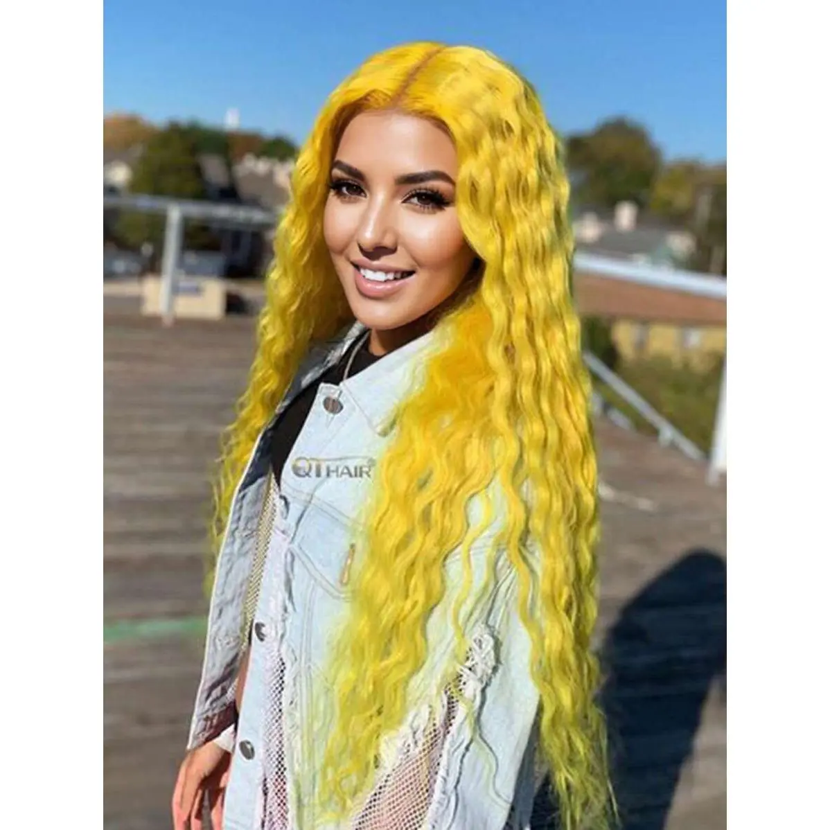 Female 28 In Frontal Lace Wig - Women's Yellow Curly Perm Long Synthetic Hair, 13x3 HD Transparent Lace Front, Baby Hair, Glueless Heat-Resistant Party Wear Wig