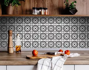360 Stand Vinyl Decorative Tiles Stickers - 24-Piece 4x4 in. Peel-and-Stick, Removable, Black & White Posy Design for Kitchen Wall/Backsplash, Room Decor (Transitional Look), Easy-Remove