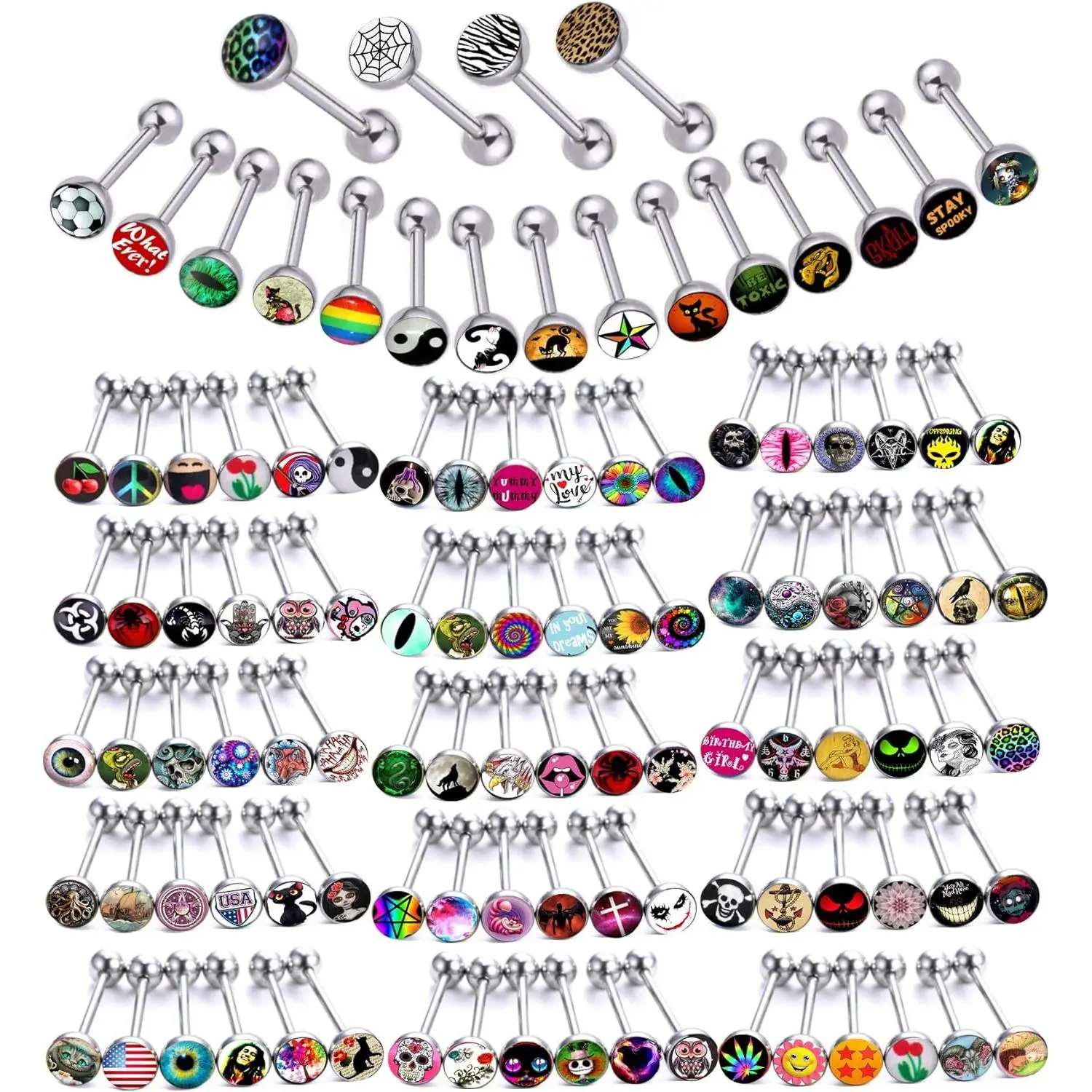 Lot of Surgical Steel Metal Tongue Rings Barbells Tongue Piercing Bar Nasty Wordings Picture Logo Signs 14g - Length 5/8" or 16mm