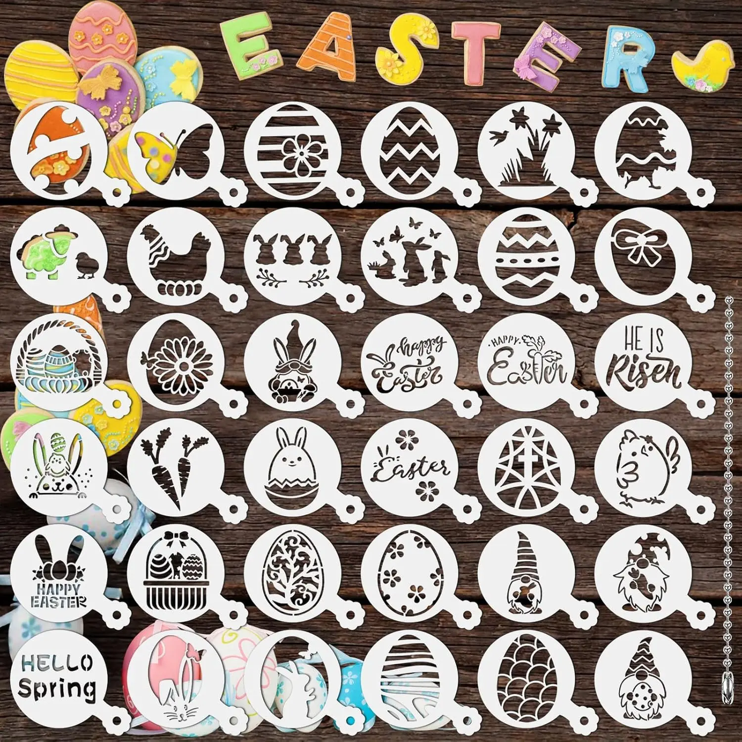 Easter Cookie Stencils, 36 count Reusable Eggs Bunny Cookie Coffee Stencils Templates Mold Tools for Cookies Baking Painting Dessert Coffee Decoration Easter Party Supplies