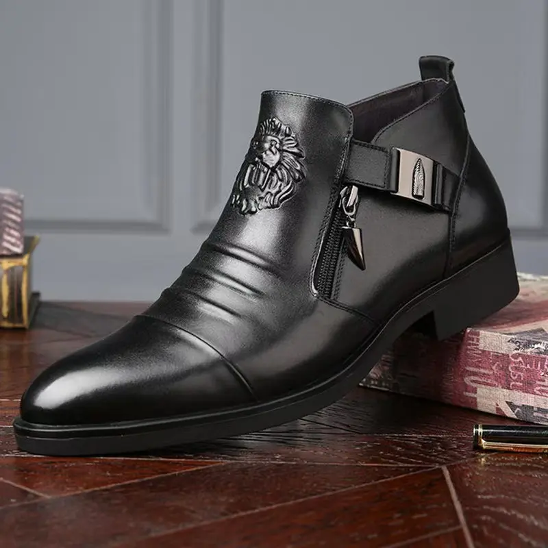 Men’s Business Formal Mid-Top Dress Boots - Stylish Footwear Shoe with Zipper, Buckle Accents and Chelsea-Inspired Design