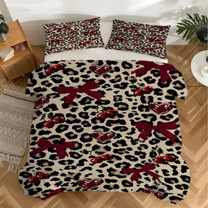 2/3Pcs Leopard Print Duvet Cover Set, Cherry Heart Red Bow Pattern Bedding Set, Soft Microfiber Fabric, All Season for Bedroom Dorm, Perfect Gift for Teens Women Who Love Y2K Style. Includes 1 or 2 Pillowcase - No Filling/Zipper Closure