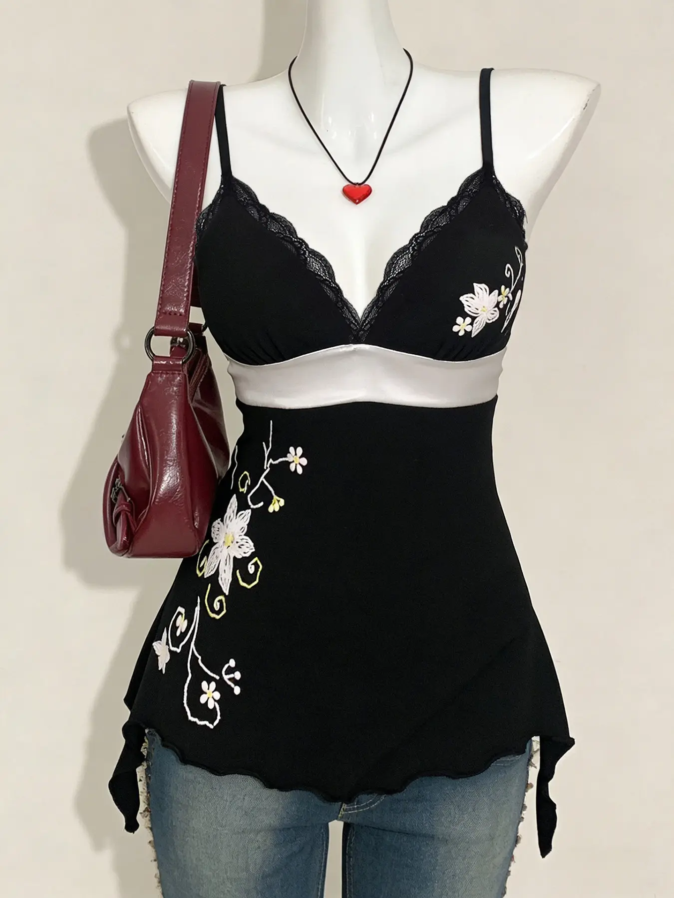 Vintage Floral Pattern Camisole, Y2K Style Contrast Lace Spaghetti Strap Top, Slim-Fit Sleeveless Top for Vacation, Summer Grunge Wear for Women, Backless Slim Cami