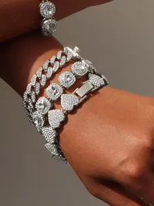 Women's Elegant Rhinestone Decorated Heart & Geometric Design Bracelet, Exquisite Trendy Chain Bracelet, Fashionable Jewelry for Women & Girls As Gift