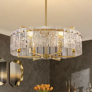 Gold Crystal Chandelier for Dining Room, 6-Light Modern Semi Flush Mount Chandelier Lighting Fixtures, Round Kitchen Hanging Drum Pendant Lights Ceiling for Living Room Bedroom Foyer, 23.62Inch