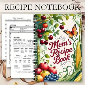 1Pc Recipe Spiral Notebook Diary, Spiral Notebook Journal - "Mom's Recipe Book" with floral and fruit designs, the gift for mom or dad, including step-by-step guides, decorative recipes, durable spiral binding, kitchen recipes, Paper Gifts