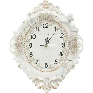 European Style Resin Wall Clock, Retro Silent Clock with Angel and Rose Relief, Decorative Mural Clock for Living Room, Bedroom, Office, Farmhouse, Kitchen & Home Decor (Off-white, 12.8*2.8*16.3in)