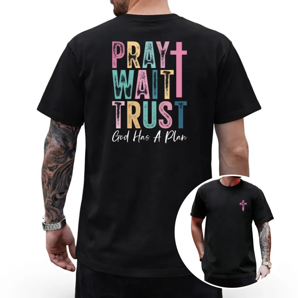 Pray Wait Trust Graphic T-Shirt for Men, Casual Short Sleeve in Soft Smooth Cotton with Seamless Fit, Lightweight Faith Gift