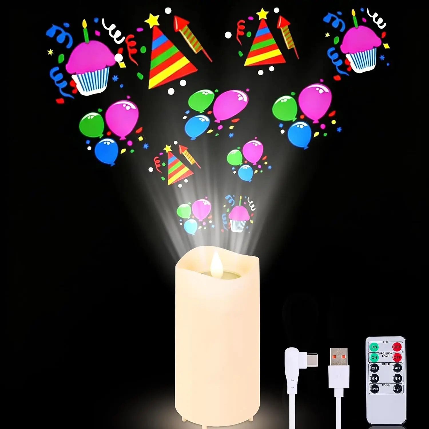 IMAGE 6.6" Flameless Candle Night Light with Projector 6 Projection Slides | Power Battery/USB-C, Remote & Timer, LED Flickering Light for Christmas Halloween Birthday Wedding Easter Home Bedroom Decor