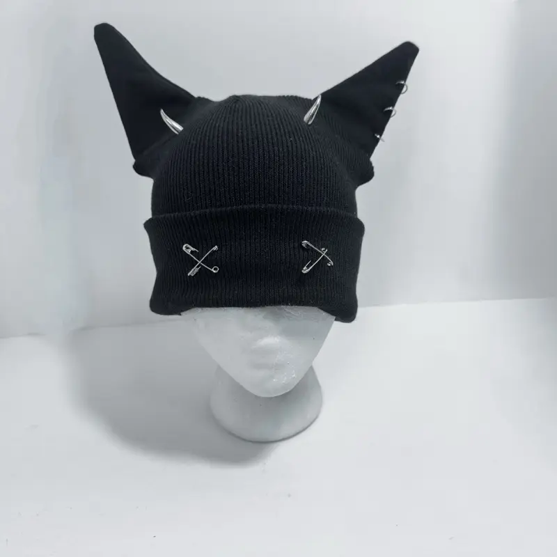 Bat Ears Beanie - Black Knitted Hat with Unique Bat Ear Design and Gold Accents Distinctive Appearance Accessory