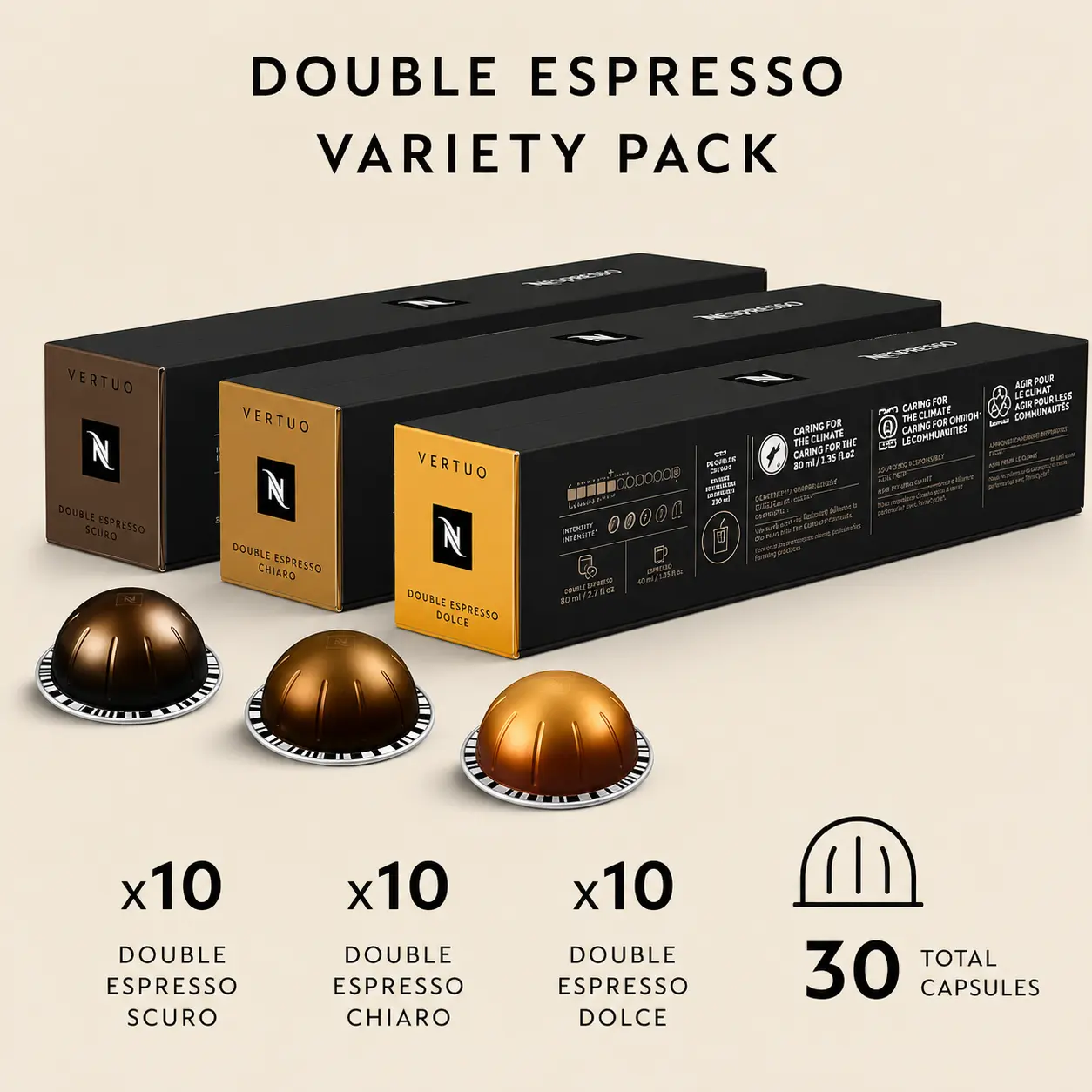 Vertuo Coffee Capsules, Double Espresso Variety Pack with Cocoa & Caramel Flavors, 30-Count Dark Roast Beverage Pods (Pack of 1), Brews 2.7oz Servings