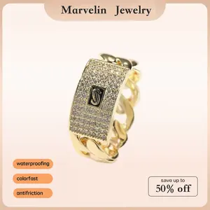 14K Gold Plated Iced Out Cuban Link Ring - Bling Initial "S" Zircon Ring for Men - Hip Hop Streetwear Jewelry Valtentine's Day gif