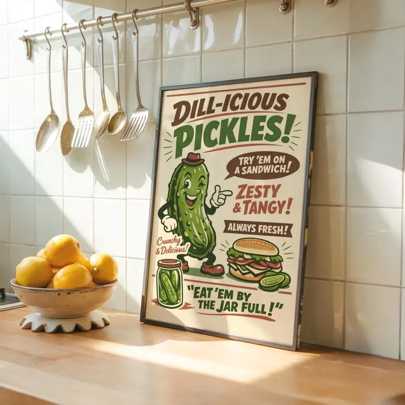 Retro Pickle Poster, Quirky Kitchen Wall Art, Vintage Gherkin Print