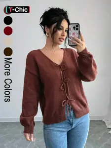 Women's Loose-Fit Shoulder Strap Sweater Cardigan Tops, Solid Butterfly Knot Design, Casual Long Sleeve V Neck Knitwear for Spring & Fall, Womenswear
