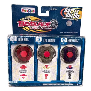 Hasbro Beyblade Metal Fusion 3-Pack Balance Version Earth Eagle Dark Bull Evil Gemios BB-47 BB-56 BB-40 Battles Online ToysRUs Exclusive