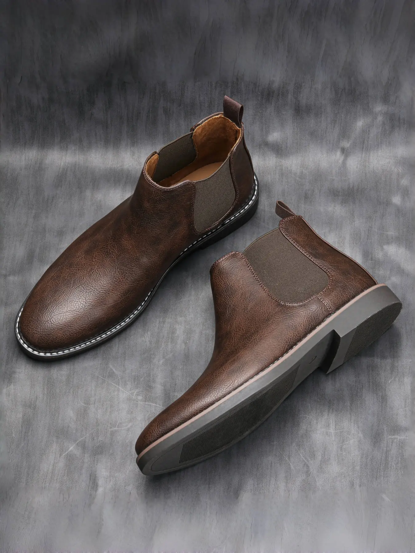PU Leather Chelsea Boots, Vintage Simple Style, Stitched Elastic Fabric, Thick Rubber Sole Support, Natural Texture, Urban Youth Casual Walking Shoes, Round Toe Boots, Slip On Boots, Footwear