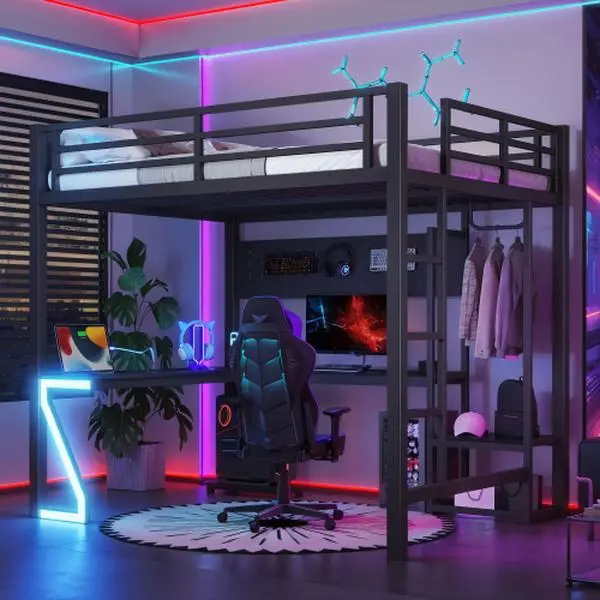 Bellemave Black Metal Loft Bed with L-Shaped Desk, USB Ports, Computer Tray, Peg Board, and Gaming-Style Z-Shaped Lights