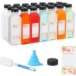 21 count 16oz Square Empty  Juice Bottles With Caps,Label, Funnel, And Brush Drink Containers For Juicing Milkshake And Other Beverages
