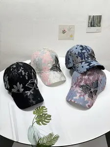 Women's Summer Lace Rhinestone Butterfly Baseball Hat, New Mesh Breathable Sun Protection Cap, Fashionable UV Shield Duckbill Hat
