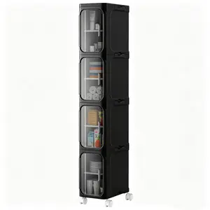 4-Tier Black Slim Narrow Rolling Storage Cabinet, Tall Bathroom Organizer with Adjustable Shelves for Small Spaces, Kitchen Cutlery & Tableware Storage