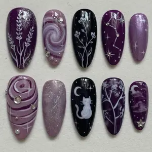 Mystical Purple Witchy Press On Nails, White Cat & Celestial Star Almond Set