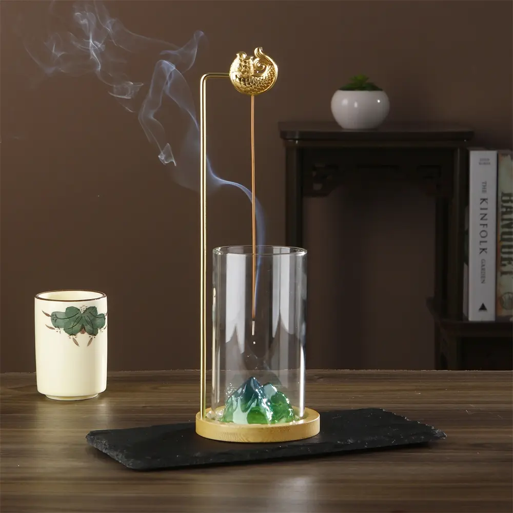Zen Inspired Bamboo Incense Burner Set, Metal Glass Rockery Design, Vertical Line Incense Holder, Inverted Fragrant Stick Furnace