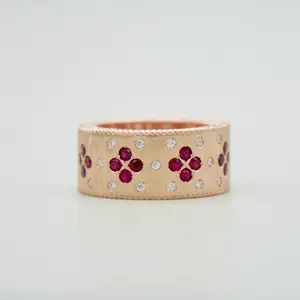 14K Rose Gold Silk Engraved Ring with Lab Rubies and Moissanites