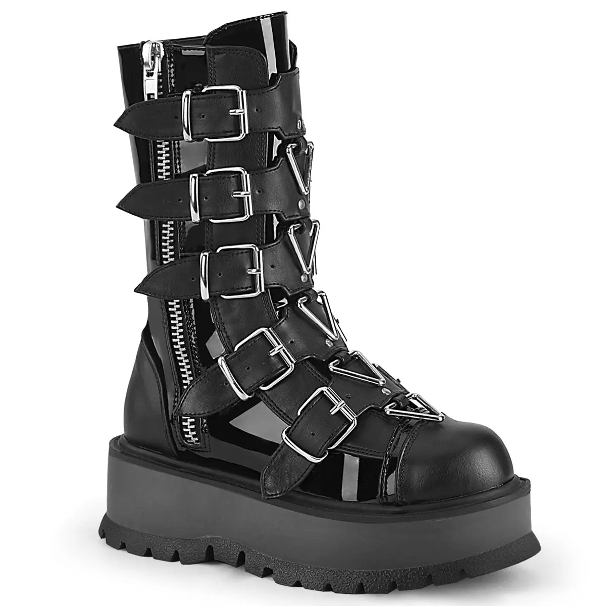 Demonia Slacker-160 Black Patent-Vegan Leather Ankle Boots