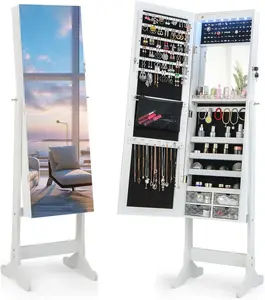Jewelry Armoire Cabinet with Full Length Mirror, 6 LEDs Standing Lockable Jewelry Organizer with Vanity Makeup Mirror, 4 Storage Drawers, 4 Shelves, Lipstick Tray, 4 Angles (White)