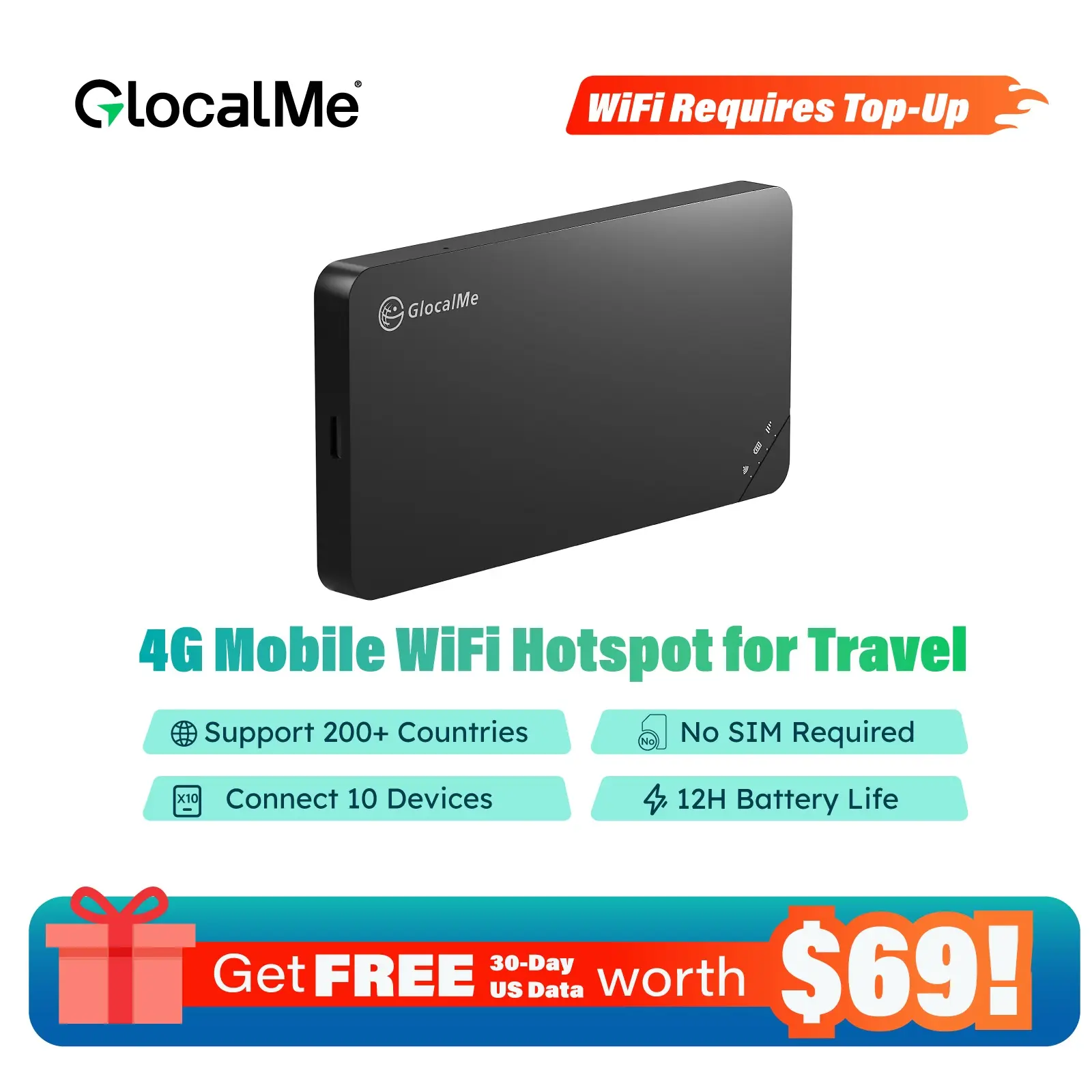 GlocalMe U3 4G LTE Mobile Hotspot, Portable WiFi Hotspot for Travel in 200+ Countries, No SIM Card Needed, 10 Connected Devices and Global 1GB Data 90 Days, Pocket WiFi Hotspot Device