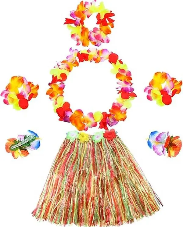 Women's 7-Pc Hawaiian Luau Hula Grass Skirt & Flower Costume Set - Polyester-Silk Lightweight Clothes with Flower Bracelet, Headband, Necklace, Hibiscus Hair Clip for Party - Home Improvement, Building Supplies, Wallpaper & Wall Trim, Colorful, Ruffle, Co
