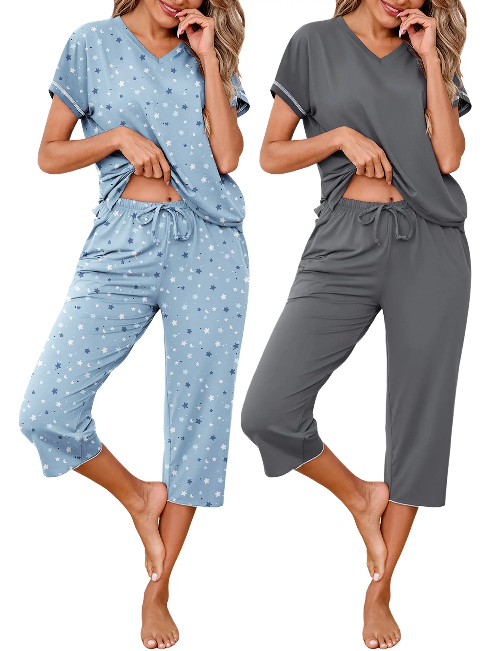 MARVMYS Women's 2-Pack Shortsleeve Pajama Sets, V-Neck Top and Capri Pant Nightwear with Elastic Waist and Pockets, Lightweight, Floral Matching Casual, Suit, Lady, Basic, Soft, Two Piece Set