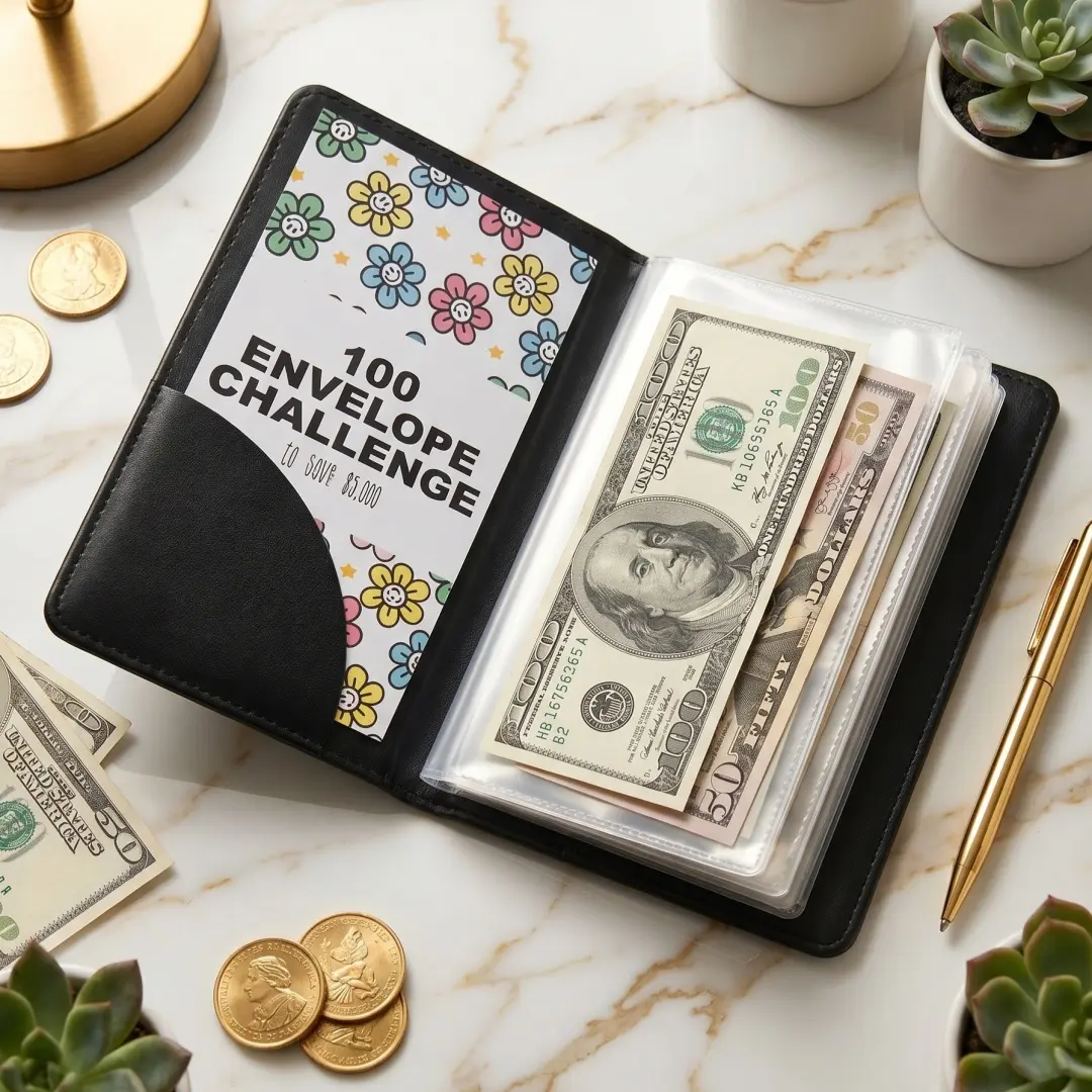 100 Envelope Savings Challenge Budget Binder, Portable PU Leather Cash Organizer, Clear Pocket Money Saving Notebook for Beginners, Great for Group Saving with Friends and Family