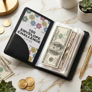 100 Envelope Savings Challenge Budget Binder, Portable PU Leather Cash Organizer, Clear Pocket Money Saving Notebook for Beginners, Great for Group Saving with Friends and Family