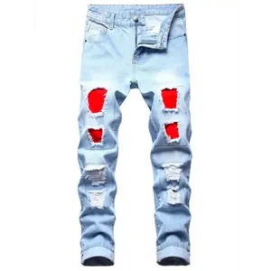 Men's torn red taped jeans are light blue