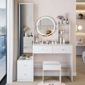 Full Body Mirror Cabinet + Round Mirror LED Vanity Table + Cushioned Stool, 17" diameter LED Mirror, Touch Control, 3-color, Brightness adjustable, Large Desktop, Multi-layer High Capacity Storage