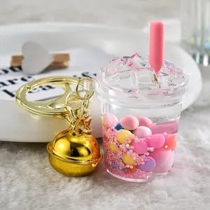 Cute Ice Drink Keychain Pink with Gold Bell Charm and Colorful Candy Inside