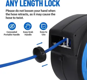[GAOMON]Enclosed Retractable Air Hose Reel, 3/8 in x 65 ft Hybrid Hose Air Compressor Hose Reel with 5 ft in Max 300 PSI Patented Design for Any Length Lock 180°Swivel Bracket Quick Coupler,Plastics