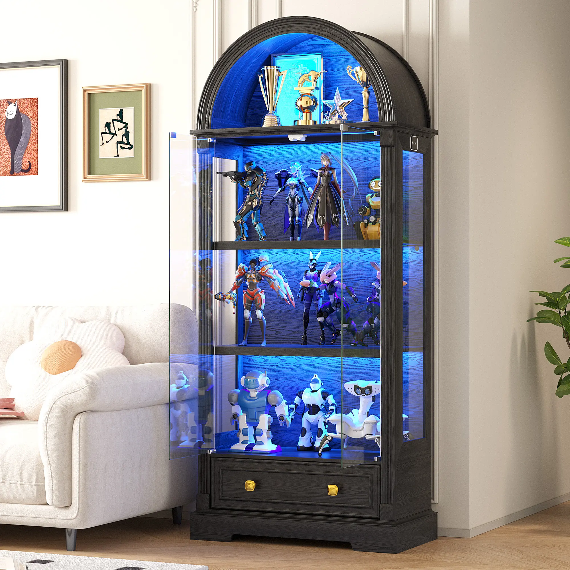 MIUFarmhouse Arched Cabinet with Doors, Display Cabinet with Drawer and Adjustable Shelves, 71” Tall Bookshelf