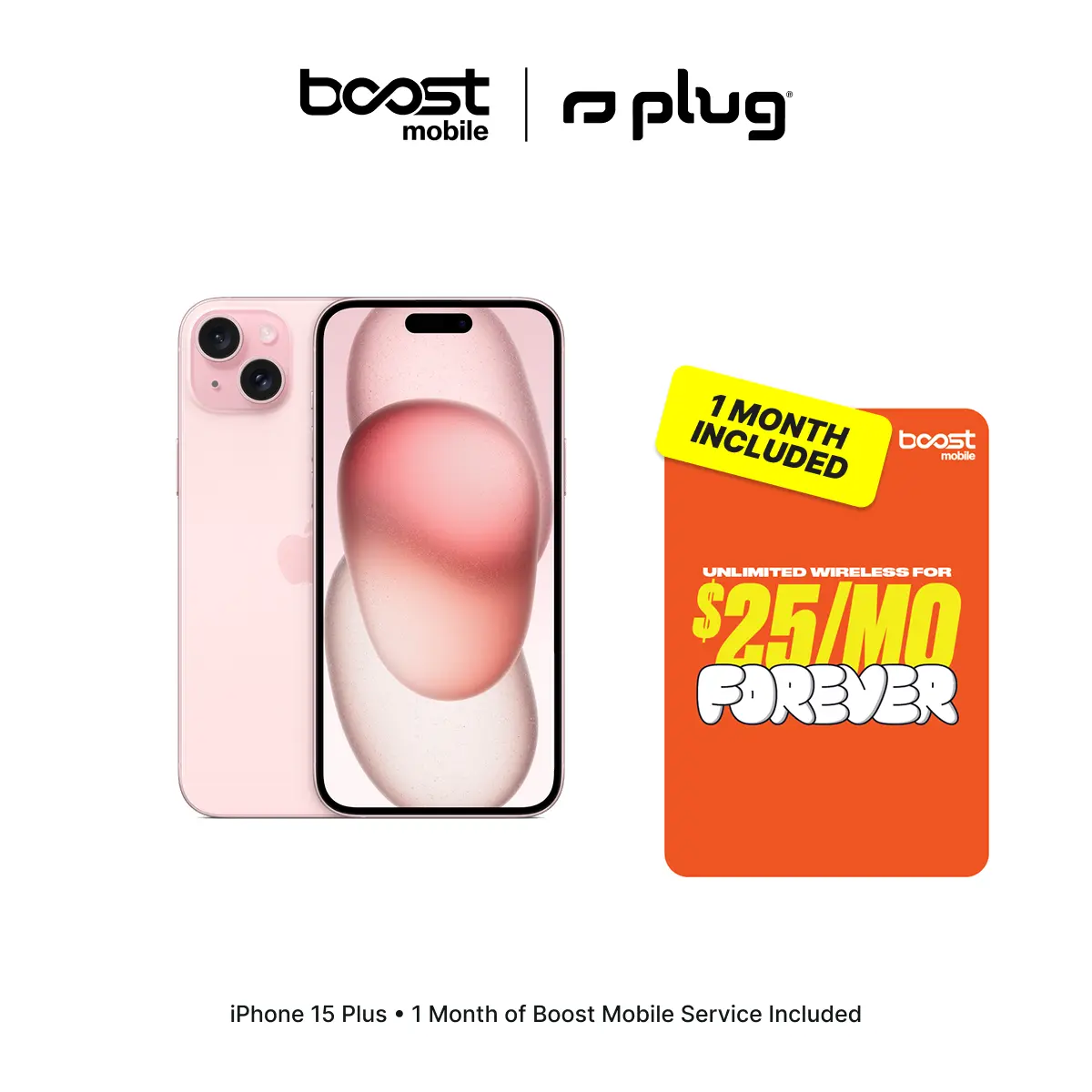 Refurbished Apple iPhone 15 Plus (Unlocked) + 1 Month of Unlimited Boost Mobile Service Included - Good Condition with 1-Year Warranty by Plug