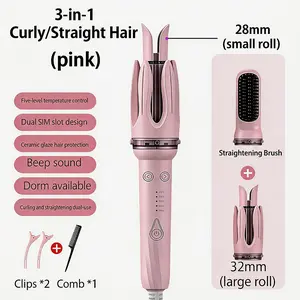 3-in-1 automatic curling iron and straightening brush combo, 28mm and 32mm big wave design, 5 adjustable temperatures, automatic rotating curling wand, comes with free hair clips and comb, perfect for a beauty salon;