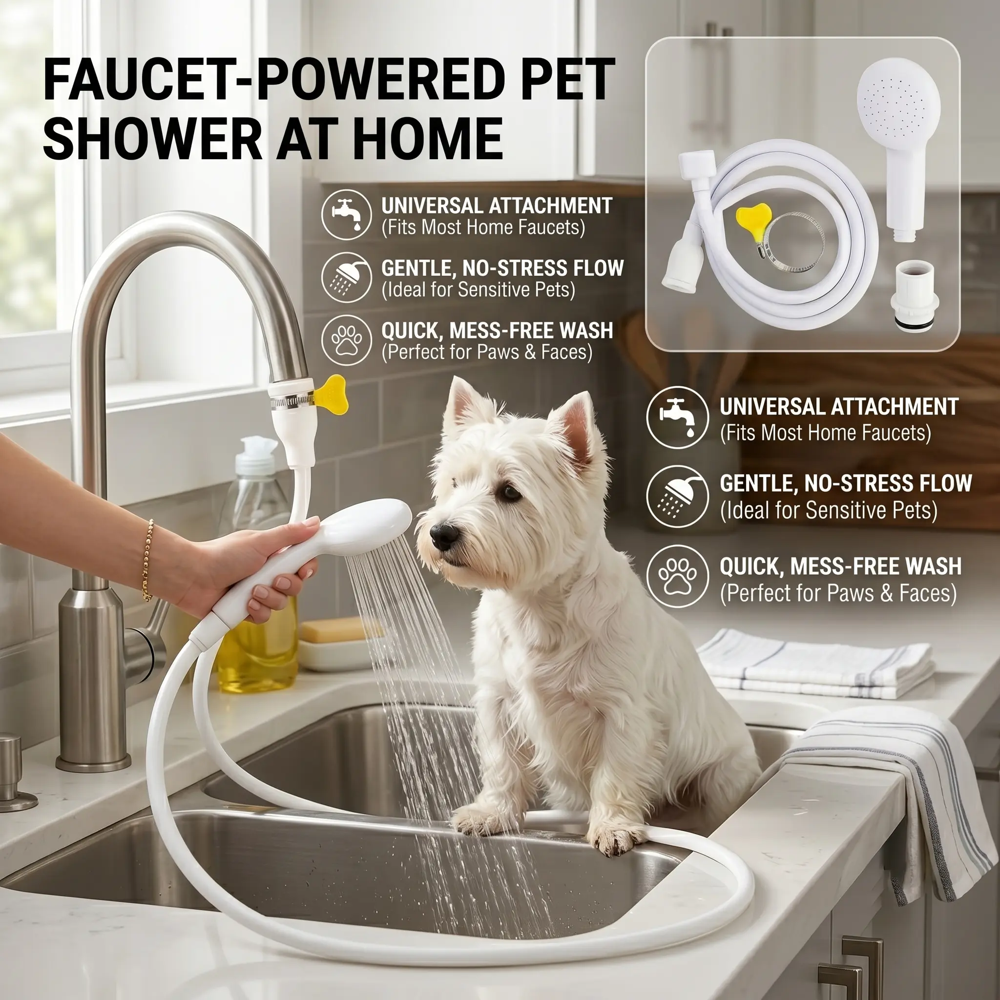 51.2 in Flexible Spray Faucet Sprayer - Leak-Proof Handheld Shower Head with Clamp Mount, Portable Durable Sink Attachment for Pet Bathing, Hair Shampoo