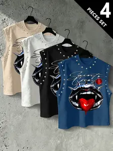 Men's Punk Style Vest, Tribal Print, Metal Rivets, Breathable Knit Fabric, Streetwear Fashion, Comfortable and Durable, Graphic Sleeveless Vest
