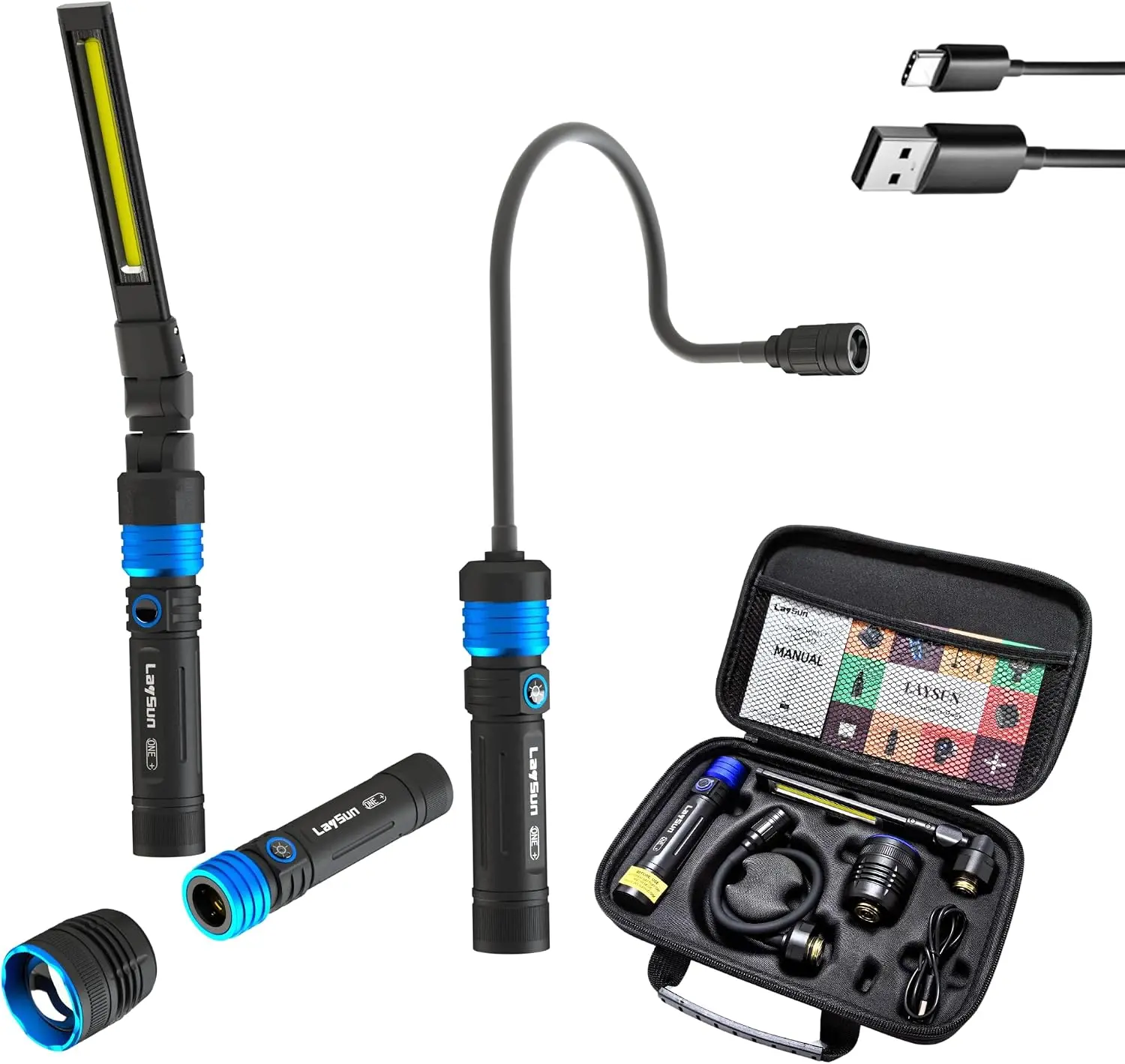 Patented interchangeable head system, 3-in-1 rechargeable mechanical lighting set; includes a replaceable 360° COB work light and a flexible telescopic inspection light; suitable for workshops, outdoor use, and auto repair; ideal as a holiday gift.