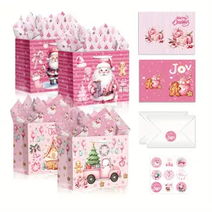 Pink Christmas Party Favors Assortment Gift Bags - Tote with Santa Car, Gingerbread House Design, Includes Wrapping Paper & Greeting Card for Holiday Gifts