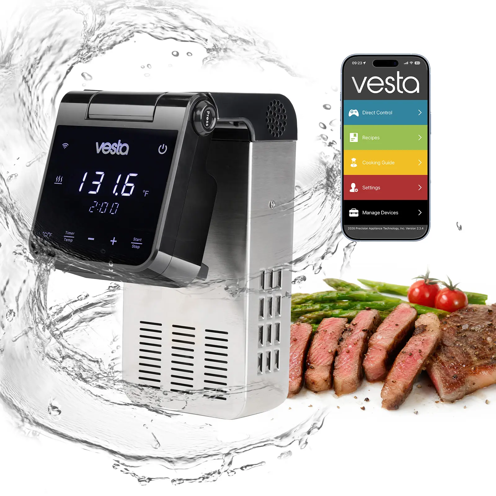 Stainless Steel Vesta Precision SV81 Sous Vide Cooker, Compact Vertical Form, WiFi App Controlled, ±0.1°C Precision Cooking, 900W Rapid Heating, Flip Display, IPX7 Waterproof, 30L Large Capacity, Guided Recipes