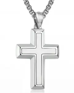 Stainless Steel Cross Necklace for Men, Beveled Edge Chunky Waterproof Corrosion-Resistant Stainless Steel Cross Pendant, Birthday Fathers Day Christian Jewelry Easter Confirmation Baptism Religious Gifts for Son Boy