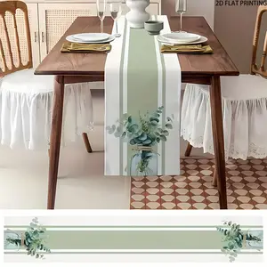 2D flat printing, 1-piece set of rustic sage green eucalyptus leaf table flag - country stripe design, perfect for holiday parties, weddings, and home decoration, wedding table decoration, floral theme, Table Runners