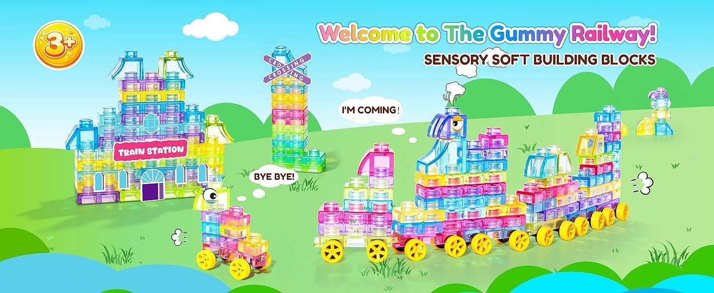 40 Pcs Soft Jelly Blocks , Squishy Multi-color Stacking Jelly Building Blocks Toy Set, Non-toxic Sensory Tactile Play Toy Safe Squishy Squeezable & Stretchable Fun, Puzzle Blocks for Kids Early learning Preschool STEM Creative Construction Age 2+